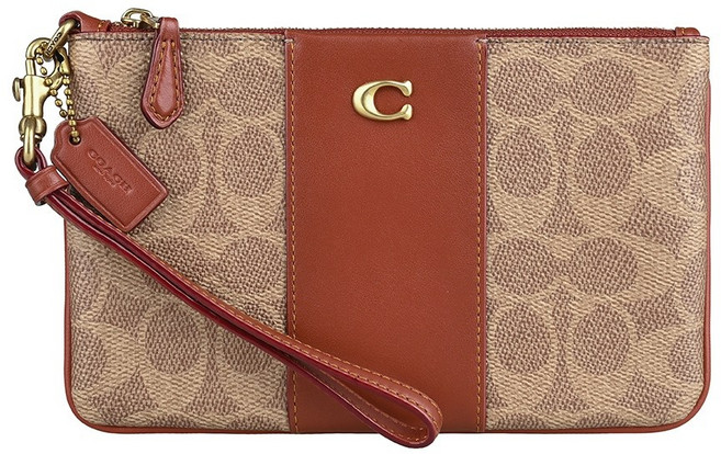 COACH Signature黃銅C字LOGO滿版印花PVC拼接牛皮拉鍊手拿包