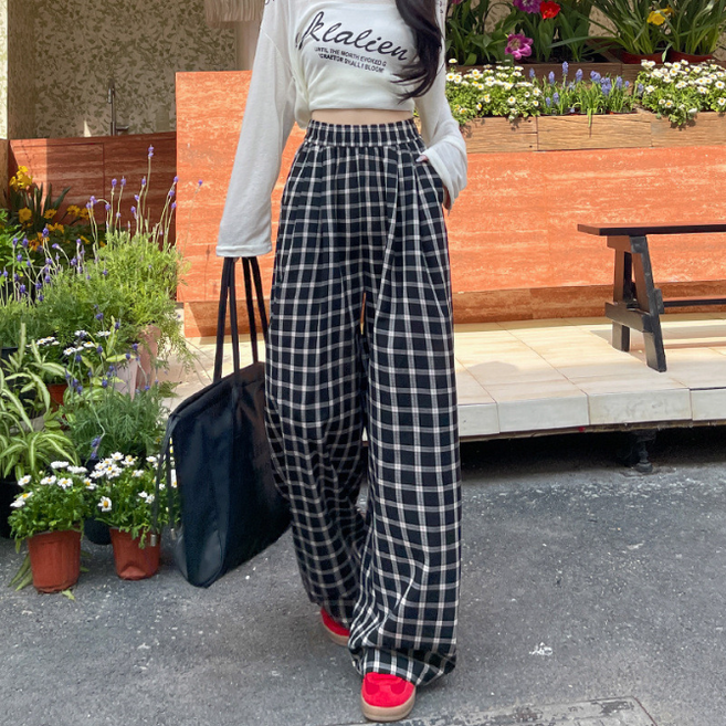 무니유유 여성 체크 시원한 가변운소재 통기성 캐주얼 일자 와이드 포켓 밴딩 쿨 팬츠