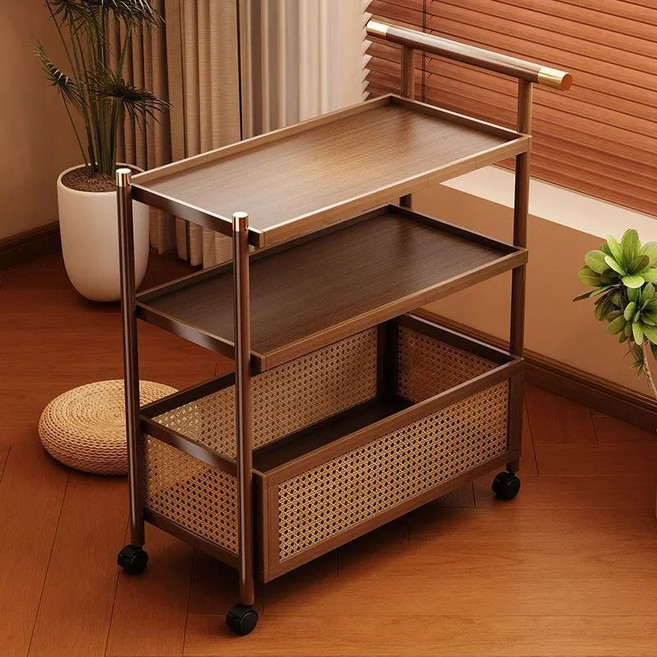 다용도 이동식 진열장 선반 우드 서빙카트 70cm 저소음 바퀴 이동식테이블 소파 사이드 테이블 수납 침대 거실 보조 테이블, 3단, 호두색
