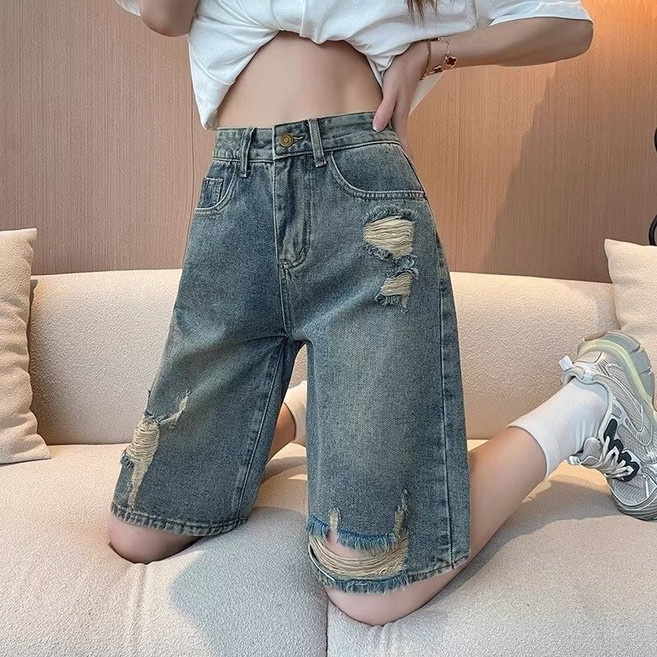 lofei 여성 여름 하이웨스트 디스트로이드 루즈핏 5부 데님 팬츠 KZ40
