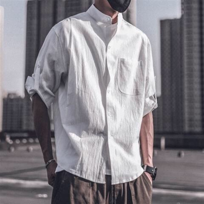 2025春夏男士日系寬鬆休閒純色白色七分袖潮流百搭五分袖襯衫男潮