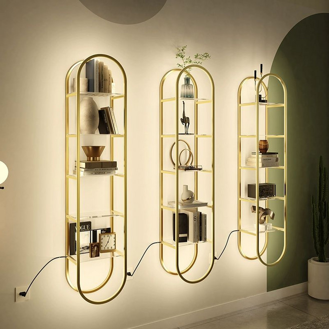 조명선반 미용실 용품 디스플레이 헤어샵 진열장 네일 장식장 전시대 수납 업소용, 1단, 골드 3단 35x30x120 바닥형