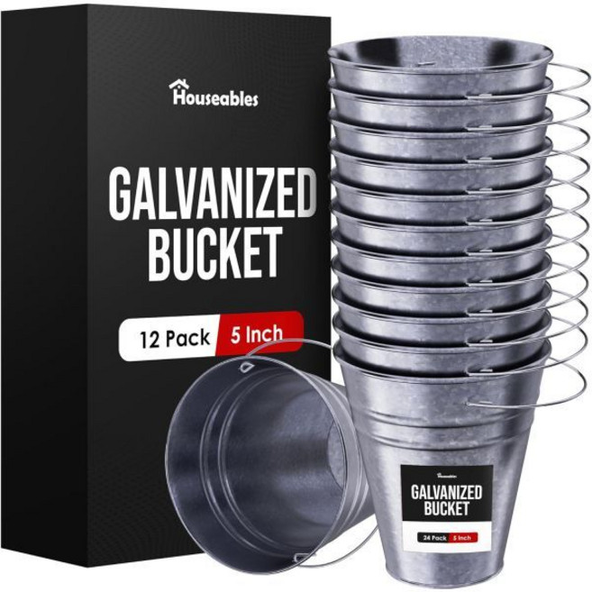 금속 양동이 아연도금 통 작은 미니 깡통 용기 손잡이 포함 파티 선물 공예 사탕 꽃 페인트 장식용 은색 크기 5인치 12개 묶음 대량, 12개 팩