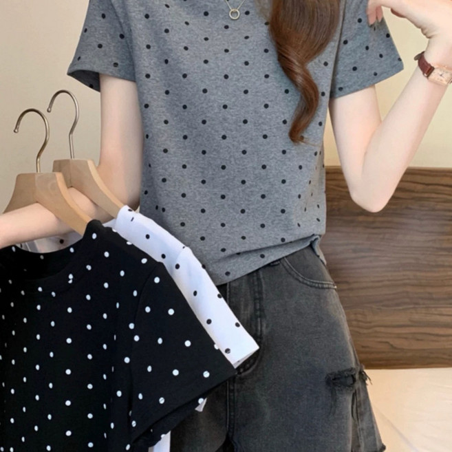 해피유통 여성 봄여름 도트 라운드 반팔티jh lmy