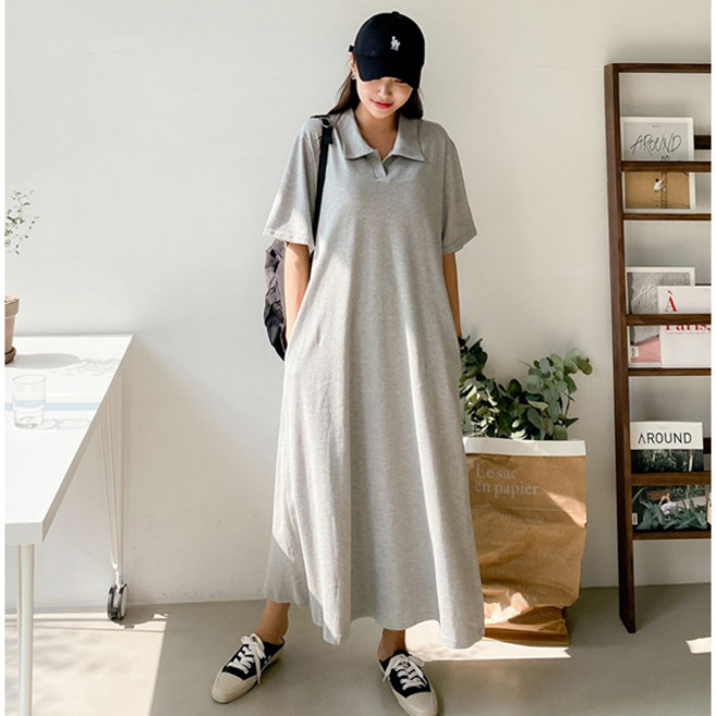 마이쏭 여성 빅사이즈 카라원피스 반팔원피스 롱원피스 A라인 피케이카라롱원피스