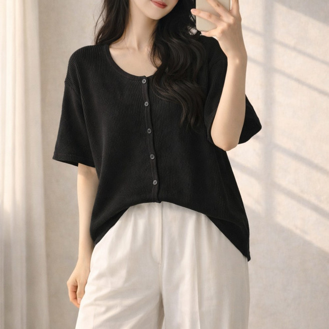 nanalshop 55~99 엄청난 신축성 여성니트 반팔가디건 반팔티 로운드 니트 오버핏 반팔 니트