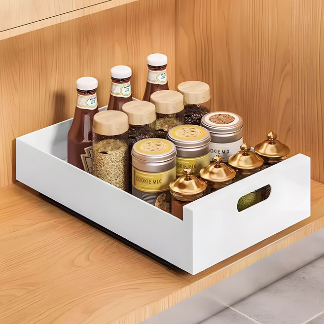 주방 슬라이딩선반 레일 싱크대 하부장정리 양념통 수납선반 스텐 컵 그릇 인출식 수납장, 1개, 화이트(06721A)