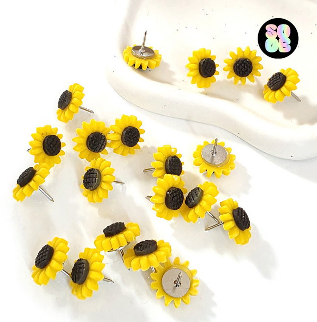 20p 예쁜 해바라기 꽃 압정 sunflowers 푸쉬핀 셋트 데스크 벽꾸미기 엽서 사진 크로크보드 게시판 지도 사무실 침실벽꾸미기, 1세트, 20개입