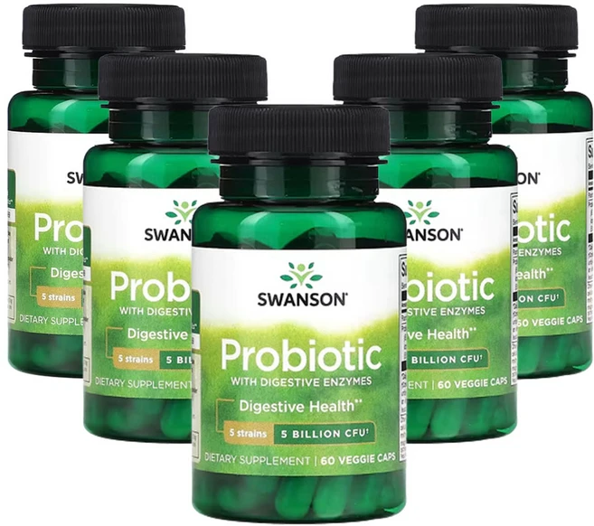 스완슨 소화 효소 함유 프로바이오틱 50억CFU 베지 캡슐 60정, 5개 - 쿠팡
