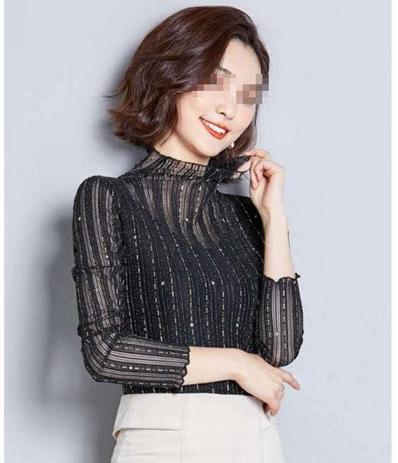 서진맘 여성 반폴라 슬림핏 블링블링 줄무늬 시스루 긴팔 블라우스