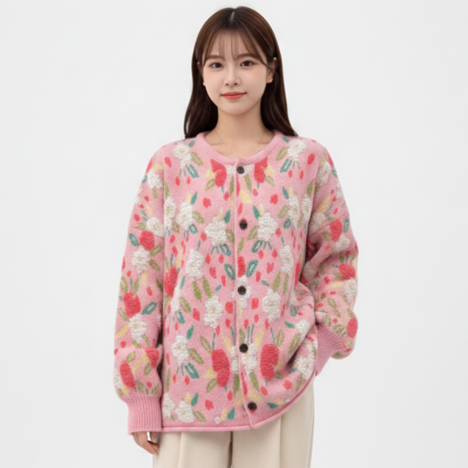 지디오 여성 플라워 니트 가디건 긴팔 라운드넥 스웨터 자켓 봄 아우터 여자가디건