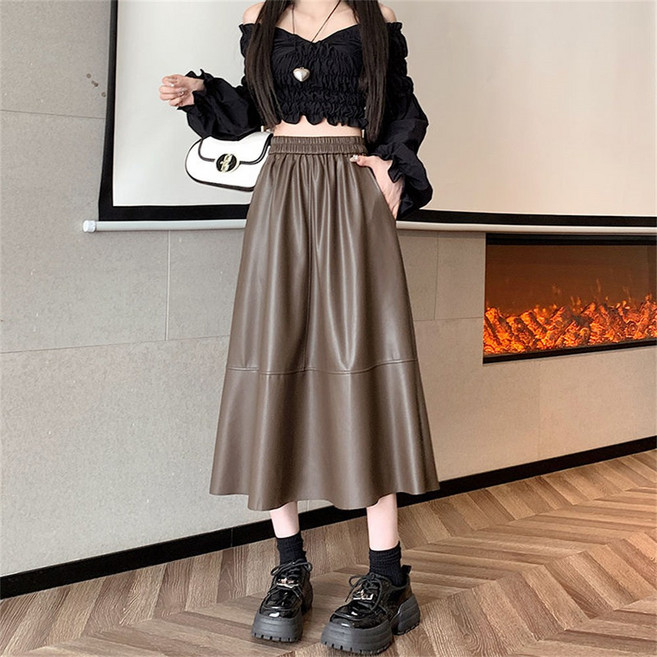 besteffie 여성용 심플한 스타일 하이웨이스트 부드러운 PU가죽 플레어 미디 스커트 봄 가을 빅사이즈 K19