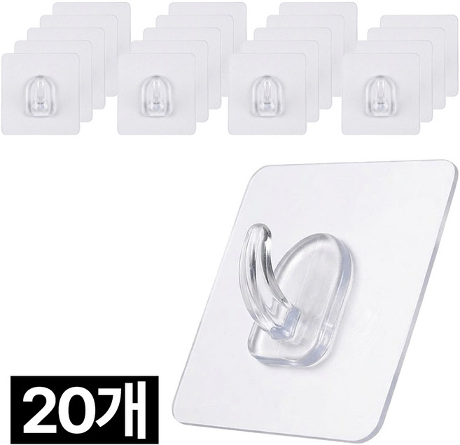 프렌티 벽걸이 부착 고리 투명 접착식 후크, 20개
