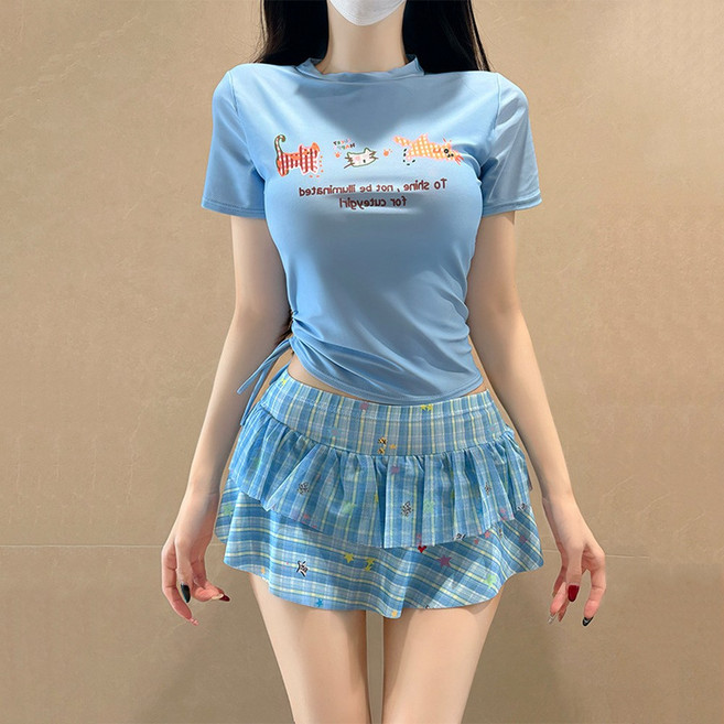 女款分體泳衣 可愛小貓圖案 格子裙, 藍色 高檔加厚