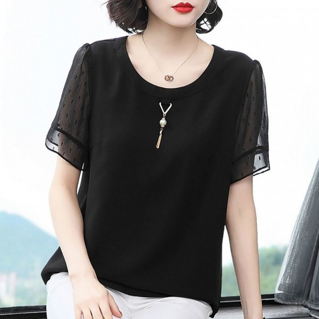 ROYALBELLE 여성 라운드넥 반팔 중년 엄마 루즈핏 빅사이즈 데일리 쉬폰 블라우스 M01022537