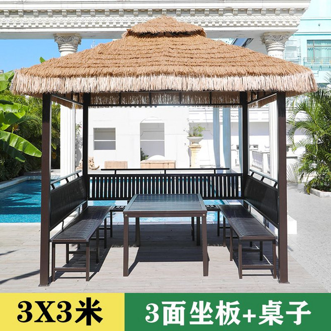 초가집 파고라 볏짚 야외 오두막집 오두막 정자 농막 바베큐장, 3x3m+ 좌판 3개 + 테이블