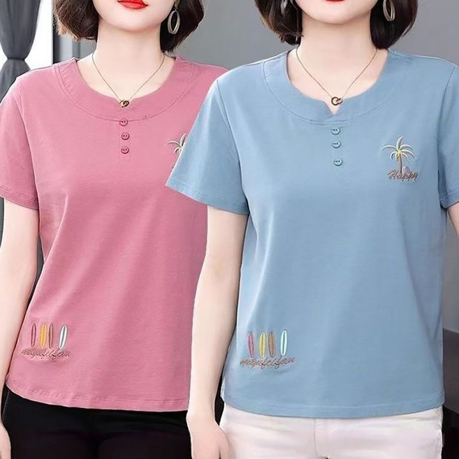 ROYALBELLE (1+1)2장묶음 여성 중년 면 소재 반팔 티셔츠 자수 라운드넥 캐주얼 빅사이즈 티셔츠 F0040320