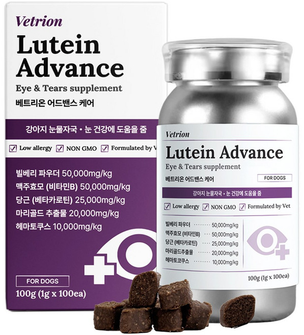 베트리온 루테인 어드밴스 강아지 눈 눈물 영양제 눈물자국 노령견 백내장 예방, 1개, 눈물개선/눈건강, 100정