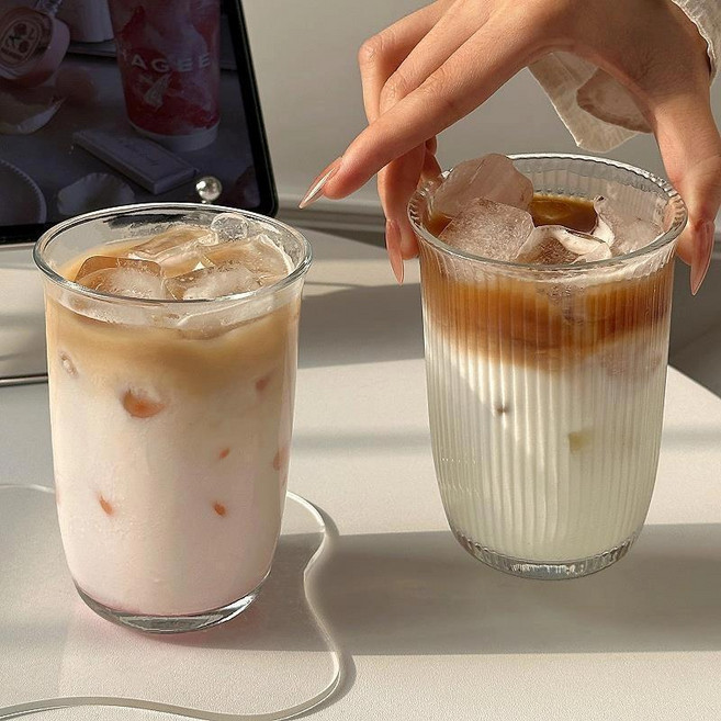 捲邊美式咖啡杯 透明玻璃冷飲杯 400ml, 1個, 情侶裝一對, 情侶裝一對