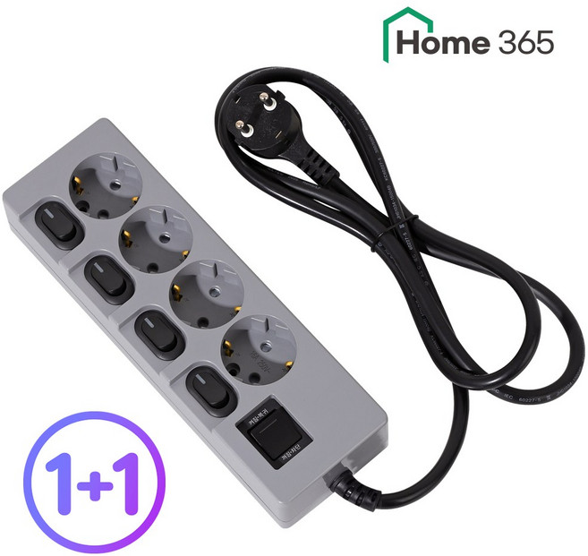 1+1 홈365 국산 개별멀티탭 4구 멀티탭 0.7m 1.5m 3m 5m 7m 10m / 16A 멀티콘센트, 2개, 개별스위치 4구 그레이
