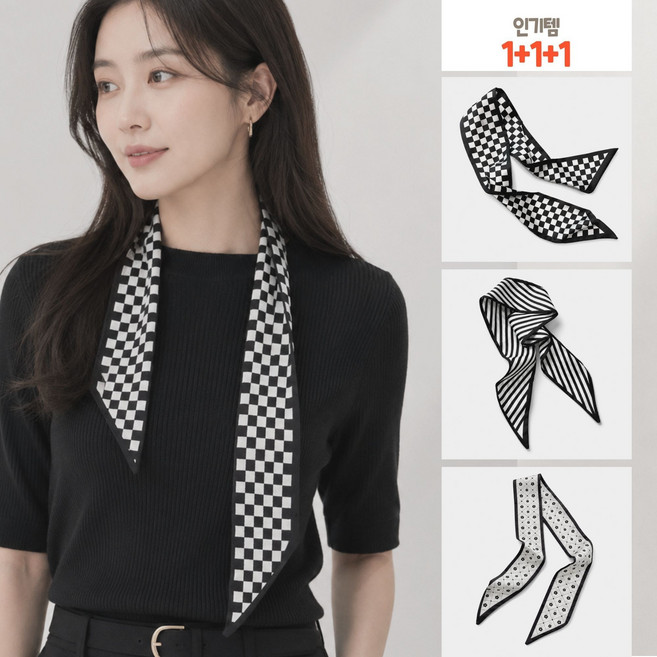 1+1+1 쁘띠 숏 스카프 블랙톤 타이 간절기 헤어스카프 데일리 머플러 가벼운 보온 넥워머