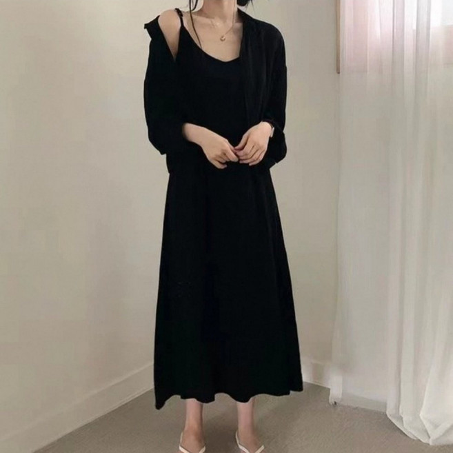 노나네 여성 여름 끈나시 롱 원피스 셔츠 세트 루즈핏 체형커버 휴가룩 77까지 투피스