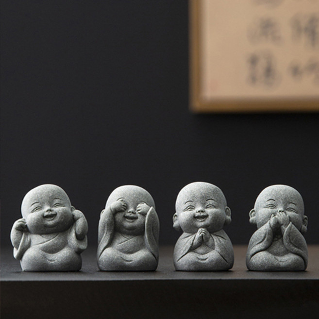 티큐 불교 풍수 인테리어 집들이 개업 소품 아기스님 석불 미니 동자승 석상 4종세트 E330