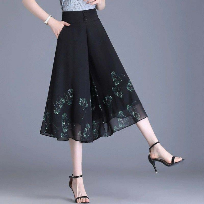 AOKADA 여성 쉬폰 와이드 치마 바지 하이웨스트 7부 스커트 팬츠 여름 슬랙스