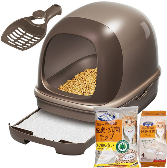 가오 고양이용 시스템 후드형 화장실 + 전용삽 + 모래 + 매트, 브라운, 1개