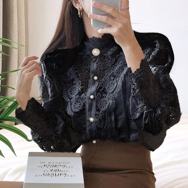 요시아나 [당일발송] 트리샤 섬세한 레이스 핀턱 진주단추 퍼프소매 블라우스 3컬러