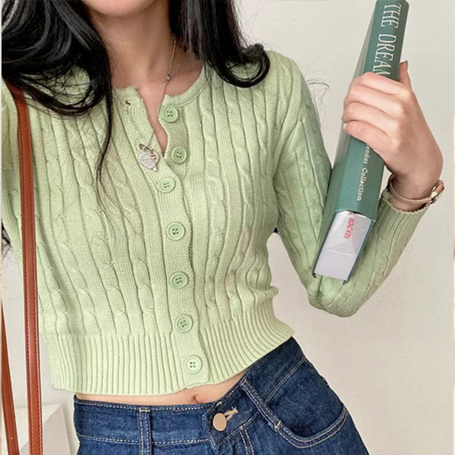 라라홀리 라운드넥 슬림핏 꽈배기 크롭 니트 가디건