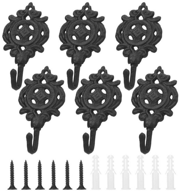 Moxweyeni 6 Pack Indian Leaf Cast Iron Hooks Rustic Decorative Wall Mount Hooks Antique Vintage St, Black