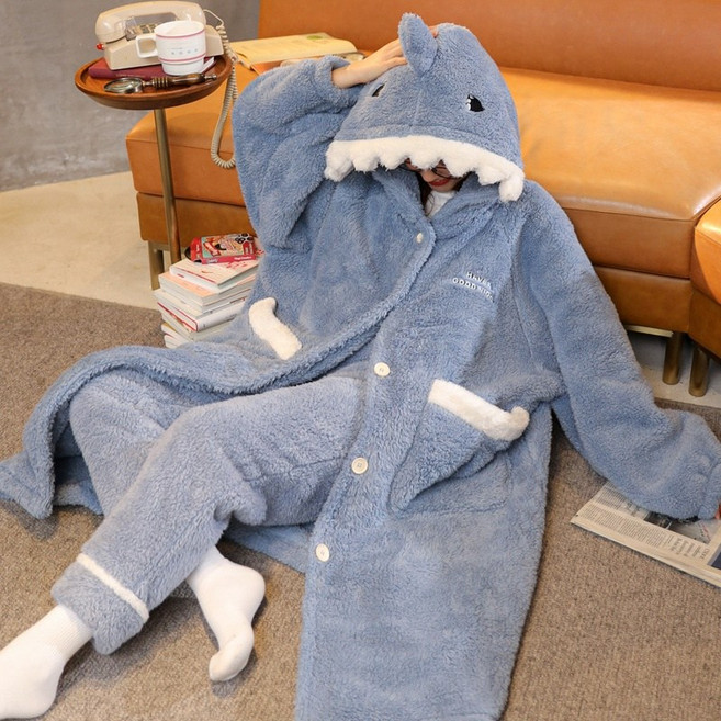 귀여운 가운 차박 이불 블랭킷 상어 가운 집순이 샤워 목욕 겸용 러블리 디자인, M(40-55kg), 샤크 가운(가운+잠옷바지)