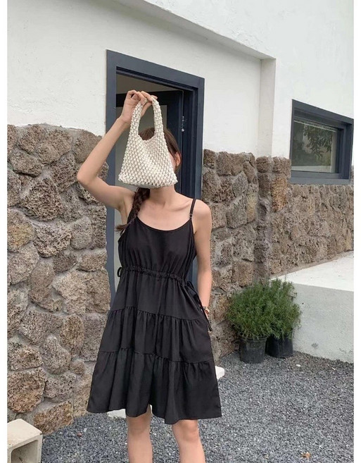 Mint 十色側腰抽繩細肩帶洋裝，多層次裙擺無袖連身裙，夏季渡假穿搭, 現貨-灰綠色F