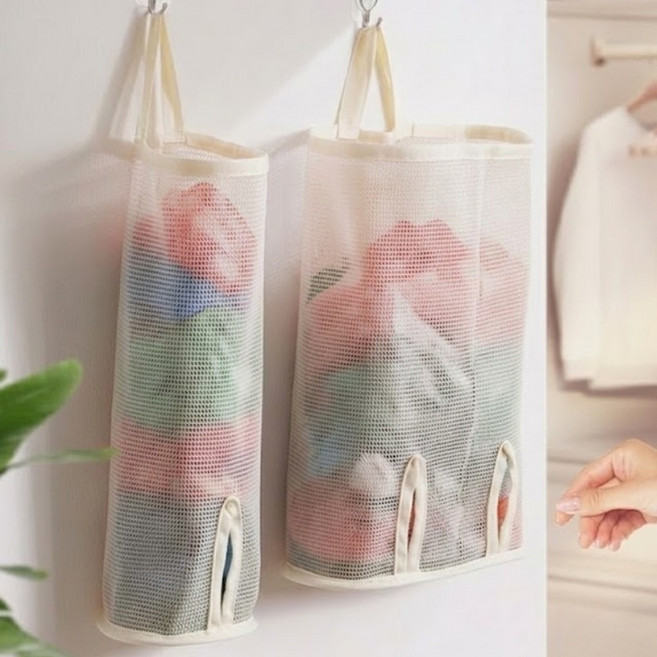 드리숲 비닐봉투 정리함 메쉬 행잉 수납포켓 싱글+더블, 1개, 베이지