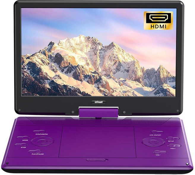 IeGeek 14.1인치 회전 스크린이 있는 16인치 휴대용 DVD 플레이어 HDMI 입력 6시간 충전식 배터리 지역 없음 USB/SD 재생 노인 어린이 및 여행을, Purple