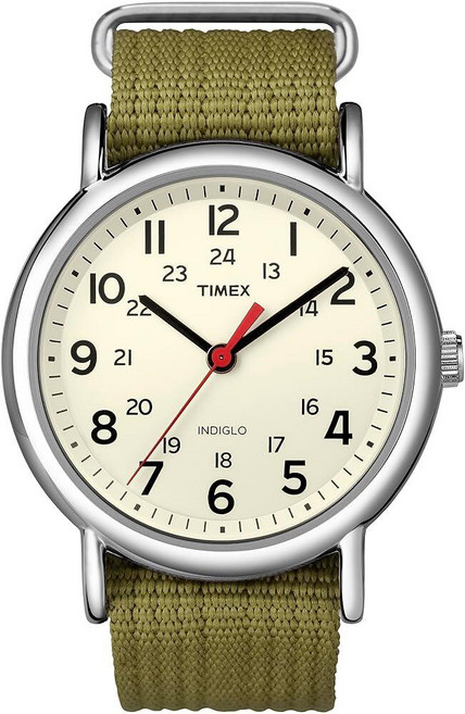 Timex 남여공용 위캔더 38mm 나일론 슬립쓰루 스트랩 시계 그레이/오렌지 스트라이프 (T2N649), Green/Silver-Tone/Cream