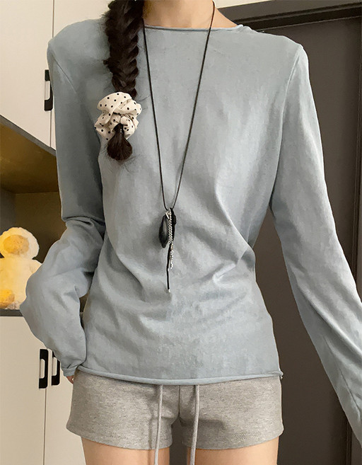 【防曬顯瘦】罩衫 防曬衫 罩衫女 防曬衣 防曬外套 寬鬆T恤 卷邊圓領 設計感上衣 夏季外穿百搭 長袖防曬, 藍色