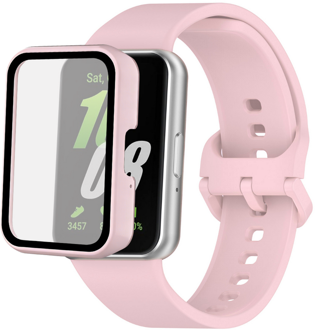 갤럭시핏 3 호환 스포츠 실리콘 스트랩+ 풀커버 보호 케이스, 핑크/핑크