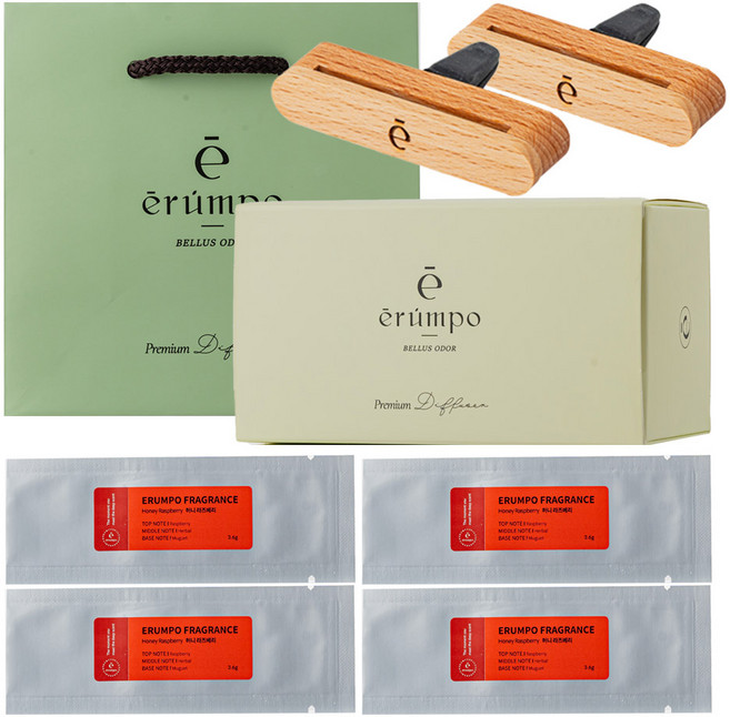 에룸포 우드바 차량용방향제 1+1 SET (본품2P+리필4P+기프트박스2P+쇼핑백2P) 송풍구 카디퓨저 새차선물, 1세트, 비치-허니라즈베리