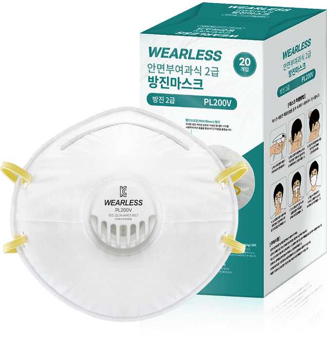웨어리스 방진마스크 2급 PL200V 산업용 작업용 분진 미세먼지 차단 귀안아픈, 1개