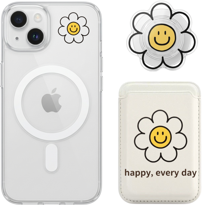 아이폰 맥세이프 케이스 + 캐릭터 카드지갑 + 스마트톡 스마일 데이지 꽃 플라워 3장 세트