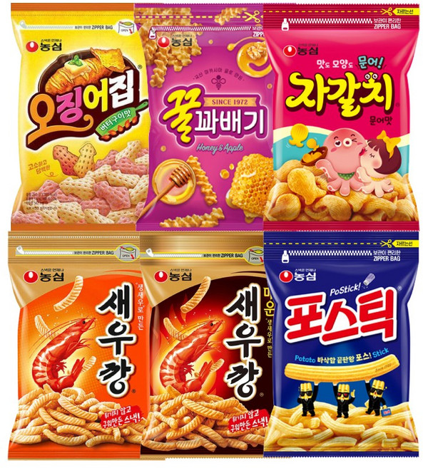 농심 대용량 스낵 6종 세트 (새우깡1+오징어집1+꿀꽈배기1+자갈치1+포스틱1+매운새우깡1), 1세트, 1.94kg