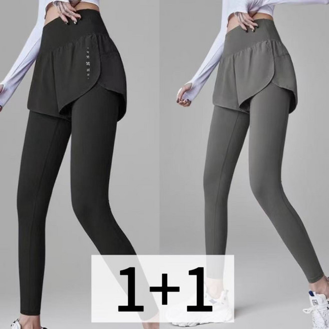 CBHV 여성 일체형 레깅스 운동 9부 레이어드 포켓 하이웨스트 긴바지 1+1