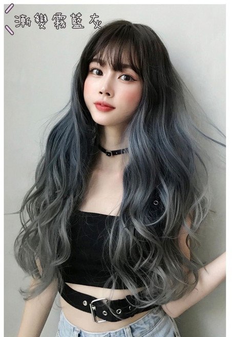 Tesco 漸變霧藍灰空氣劉海長捲假髮, 1個