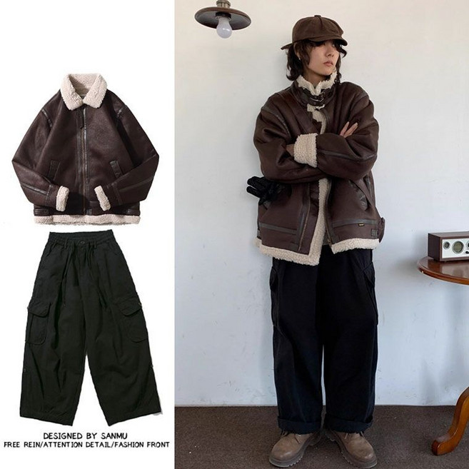 日系復古麂皮絨羊羔絨厚外套男女棉服夾克