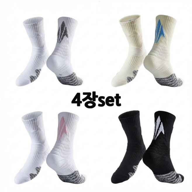 이지몰 농구 양말 4켤레 세트 스포츠 중목 두꺼운 쿠션 바닥 논슬립, 1세트, 컬러 4종