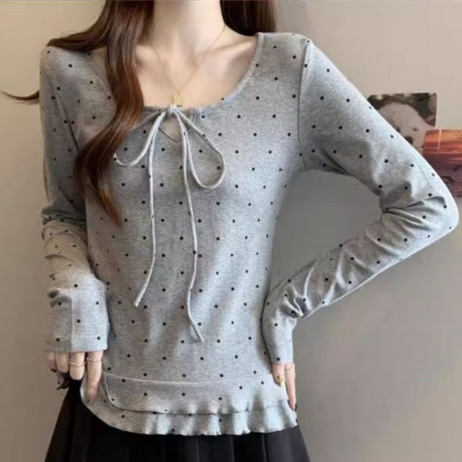 Makone 여성 라운드넥 밑단프릴 패치 도트 프린트 소프트 데일리 이너 티셔츠 큐티