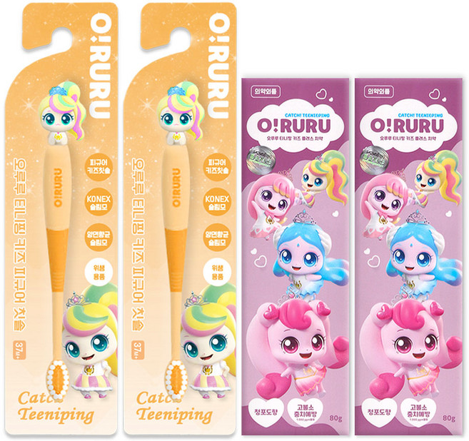 프린세스 캐치티니핑 오루루 피규어칫솔 + 고불소 치약, 2세트, 2개입, 뽀니핑+고불소치약