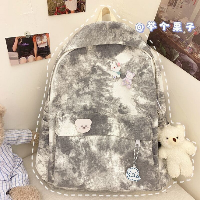 女款扎染帆布後背包 韓版學院風大容量簡約雙肩包, 灰色扎染+腮紅熊掛件沒有徽章